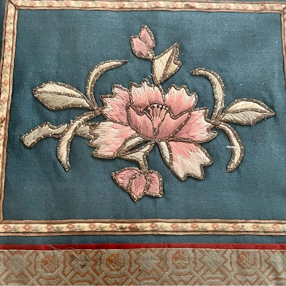 Antique‎ Chinese Embroidered Framed Tapestry Fabric Silk Pink Peony #1